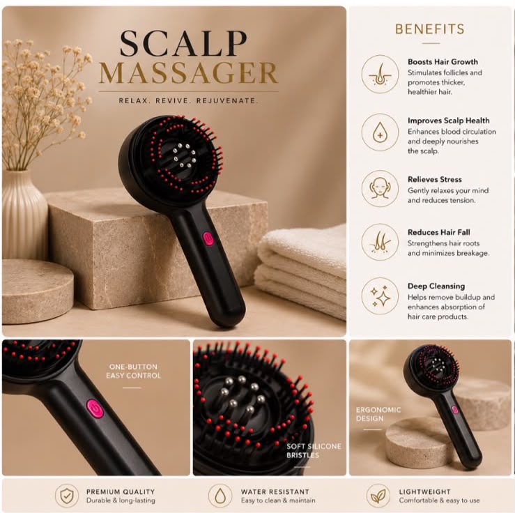 Electric Scalp Massager — Red Light Therapy, Cordless & USB Rechargeable